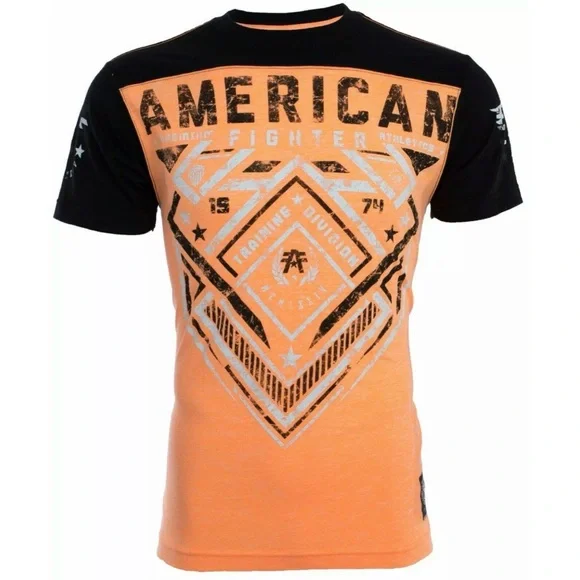 AMERICAN FIGHTER Martell Orange Black Athletic Fit Mens Crewneck T-shirt L-3XL - Picture 3 of 11